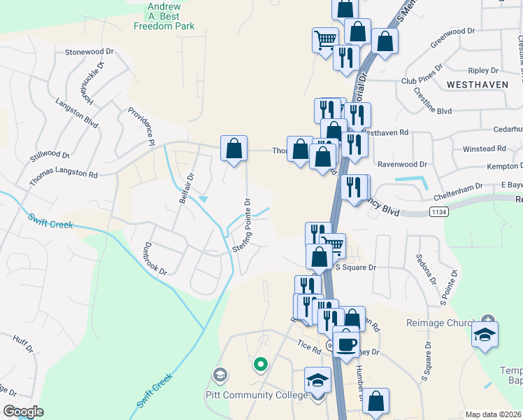 map of restaurants, bars, coffee shops, grocery stores, and more near 3811 Sterling Pointe Drive in Winterville