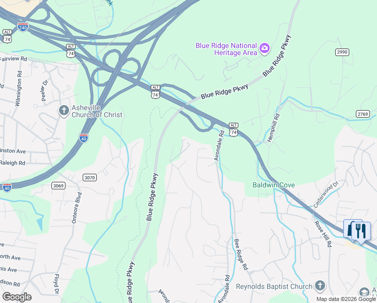 map of restaurants, bars, coffee shops, grocery stores, and more near 202 Coachmans Court in Asheville