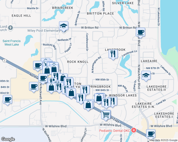 map of restaurants, bars, coffee shops, grocery stores, and more near 6425 West Kensington Road in Oklahoma City