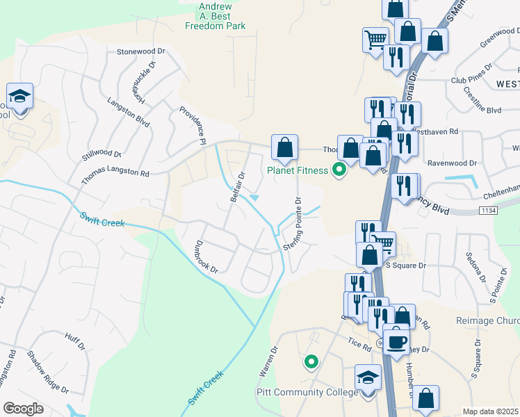 map of restaurants, bars, coffee shops, grocery stores, and more near 3814 Sterling Pointe Drive in Winterville