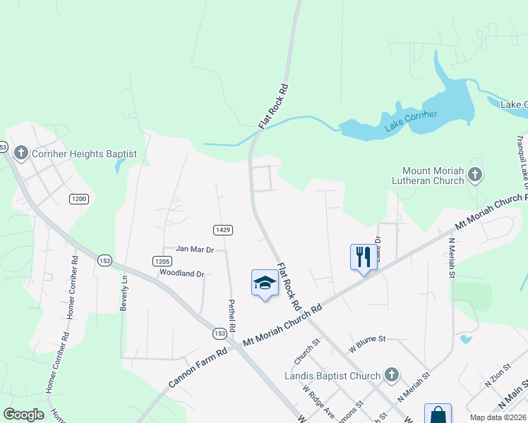 map of restaurants, bars, coffee shops, grocery stores, and more near 1240 Flat Rock Road in China Grove