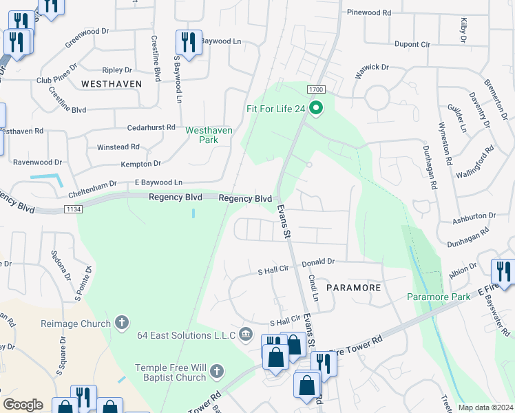map of restaurants, bars, coffee shops, grocery stores, and more near 302 Shamrock Way in Greenville