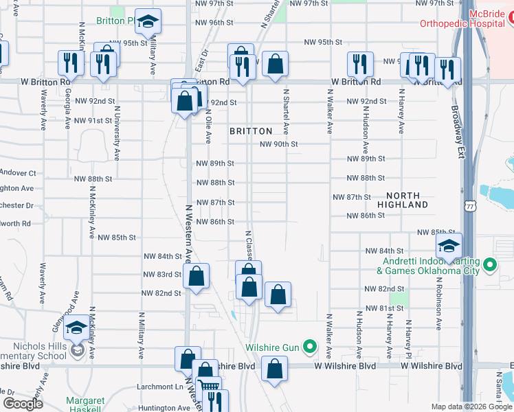 map of restaurants, bars, coffee shops, grocery stores, and more near 740 Northwest 87th Street in Oklahoma City
