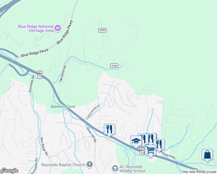 map of restaurants, bars, coffee shops, grocery stores, and more near 74 Cedarwood Drive in Asheville
