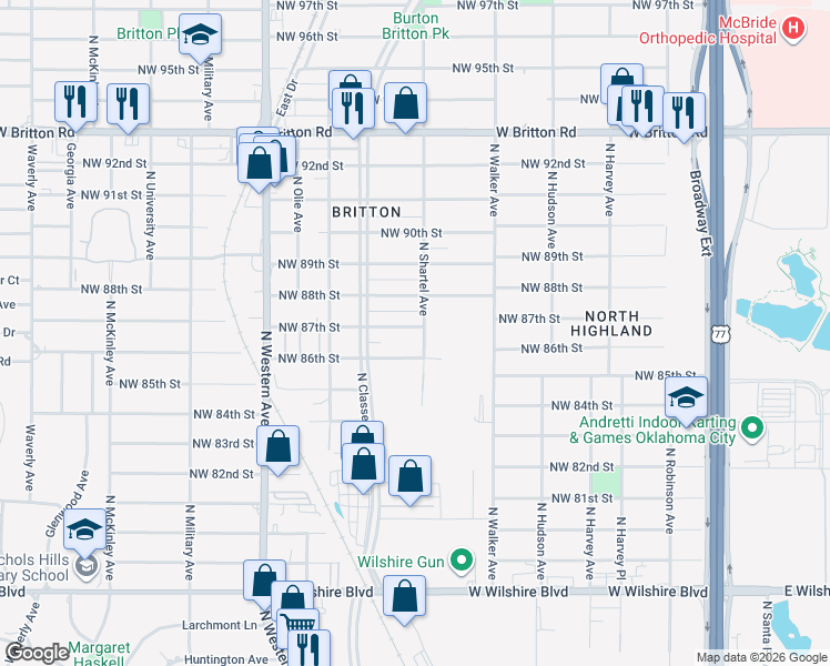 map of restaurants, bars, coffee shops, grocery stores, and more near 704 Northwest 87th Street in Oklahoma City