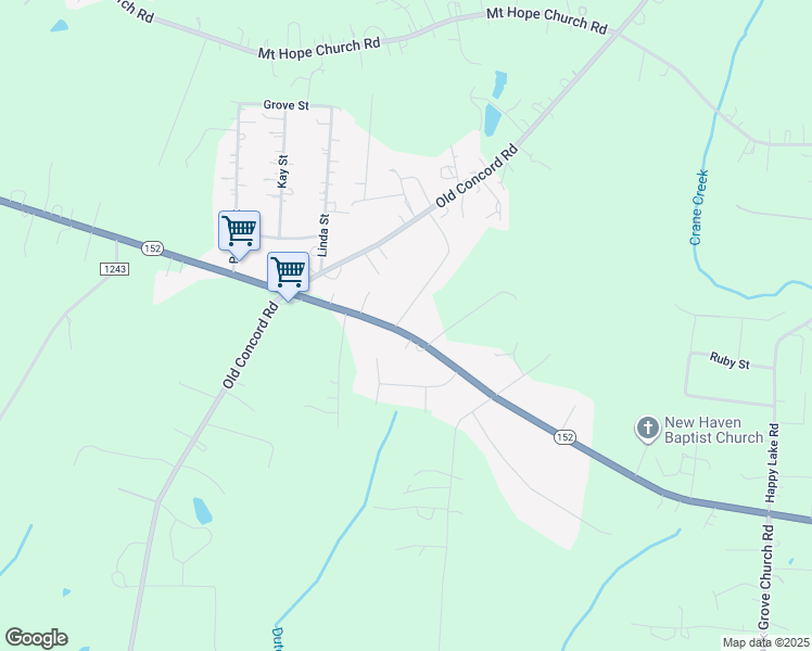 map of restaurants, bars, coffee shops, grocery stores, and more near Highway 152 East in Granite Quarry