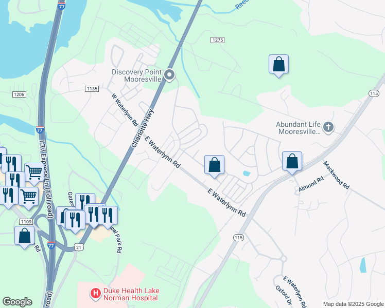 map of restaurants, bars, coffee shops, grocery stores, and more near 146 Glade Valley Avenue in Mooresville