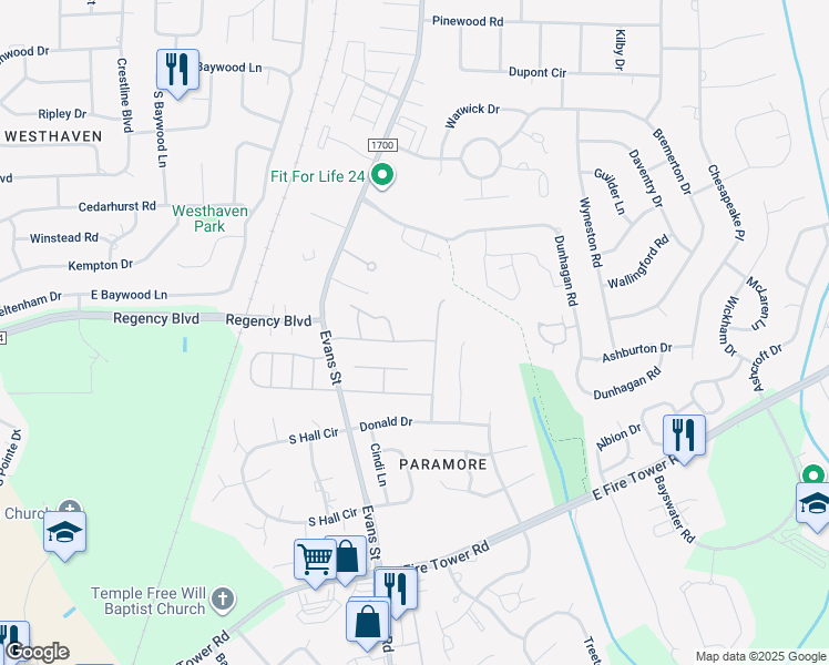 map of restaurants, bars, coffee shops, grocery stores, and more near 150 Oak Towne Drive in Greenville
