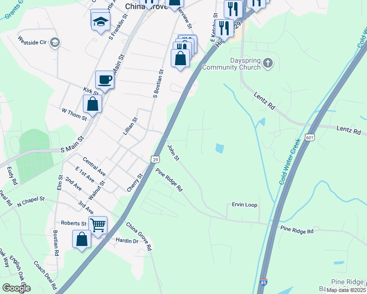 map of restaurants, bars, coffee shops, grocery stores, and more near 2189 Mary Street in China Grove