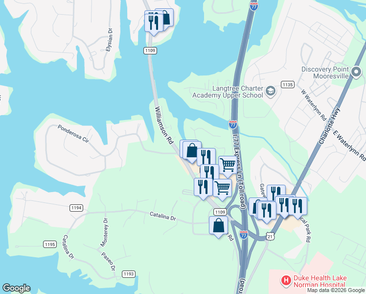 map of restaurants, bars, coffee shops, grocery stores, and more near 108 Pier 33 Drive in Mooresville