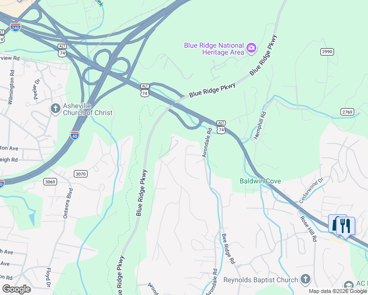 map of restaurants, bars, coffee shops, grocery stores, and more near 204 Coachmans Court in Asheville