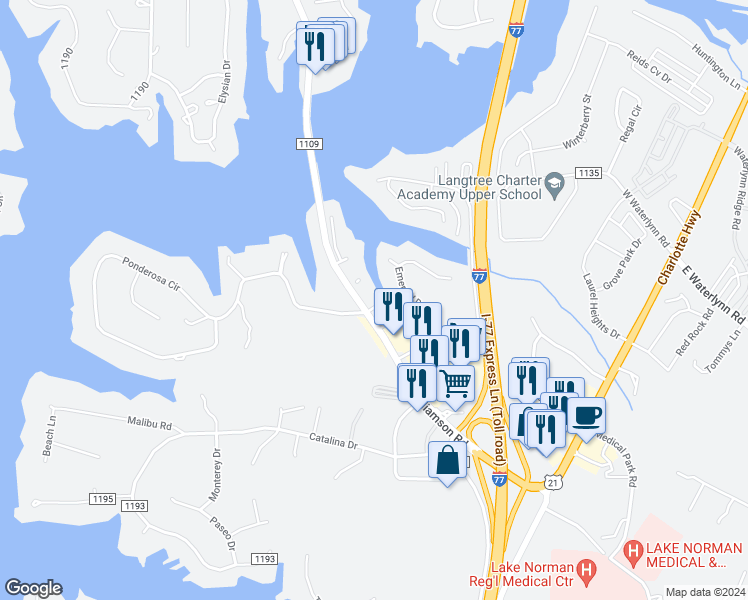 map of restaurants, bars, coffee shops, grocery stores, and more near 108 Pier 33 Drive in Mooresville