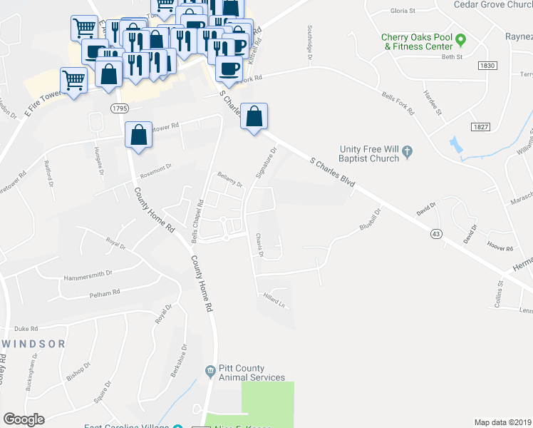map of restaurants, bars, coffee shops, grocery stores, and more near 4140 Kittrell Farms Drive in Greenville