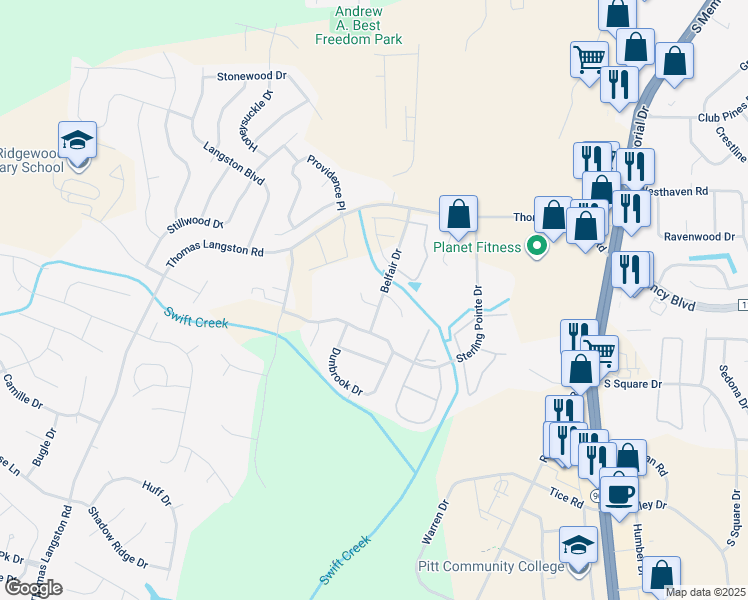 map of restaurants, bars, coffee shops, grocery stores, and more near 3704 Belfair Drive in Winterville