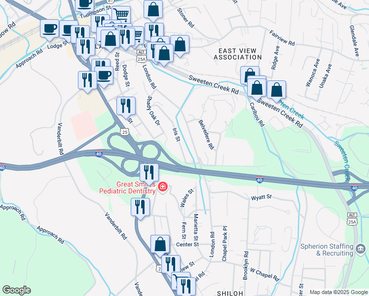 map of restaurants, bars, coffee shops, grocery stores, and more near 24 Iris Street in Asheville