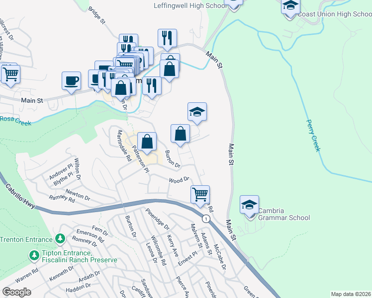 map of restaurants, bars, coffee shops, grocery stores, and more near 2825 Schoolhouse Lane in Cambria