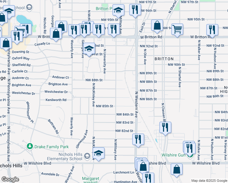 map of restaurants, bars, coffee shops, grocery stores, and more near 1007 Kenilworth Road in Oklahoma City