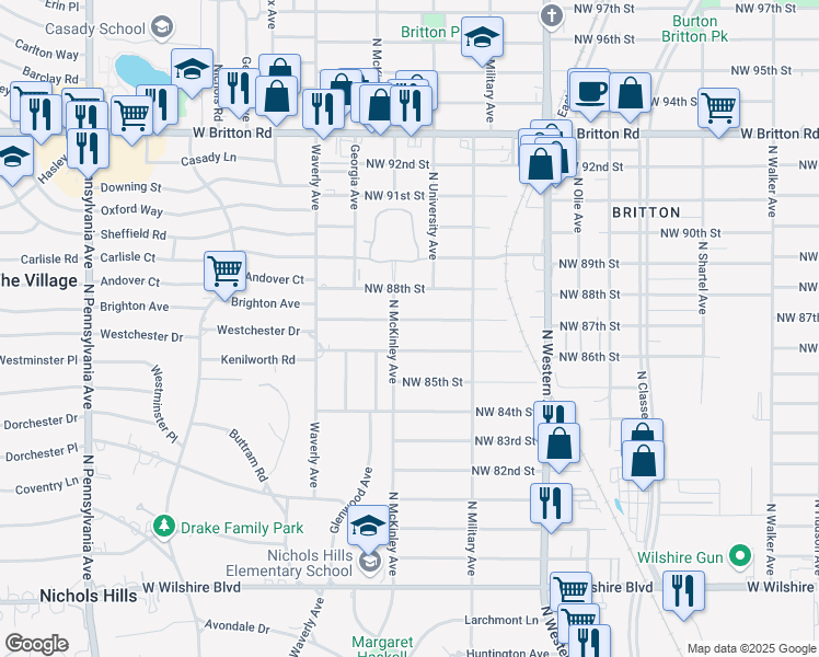 map of restaurants, bars, coffee shops, grocery stores, and more near 1106 Westchester Drive in Oklahoma City