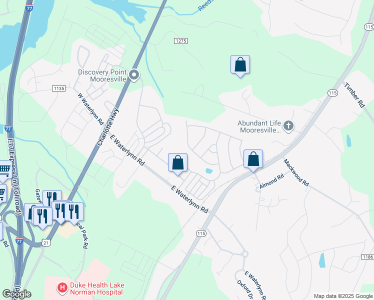 map of restaurants, bars, coffee shops, grocery stores, and more near 135 Farmers Folly Drive in Mooresville