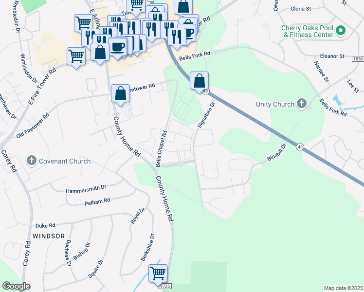 map of restaurants, bars, coffee shops, grocery stores, and more near 2200 Bellamy Drive in Greenville