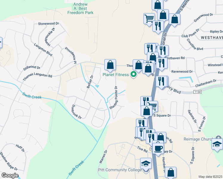map of restaurants, bars, coffee shops, grocery stores, and more near 3822 Sterling Pointe Drive in Winterville
