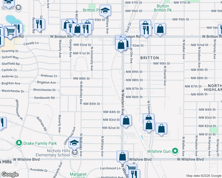 map of restaurants, bars, coffee shops, grocery stores, and more near 919 Kenilworth Road in Oklahoma City