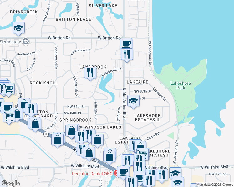map of restaurants, bars, coffee shops, grocery stores, and more near 8709 Old Brompton Road in Oklahoma City