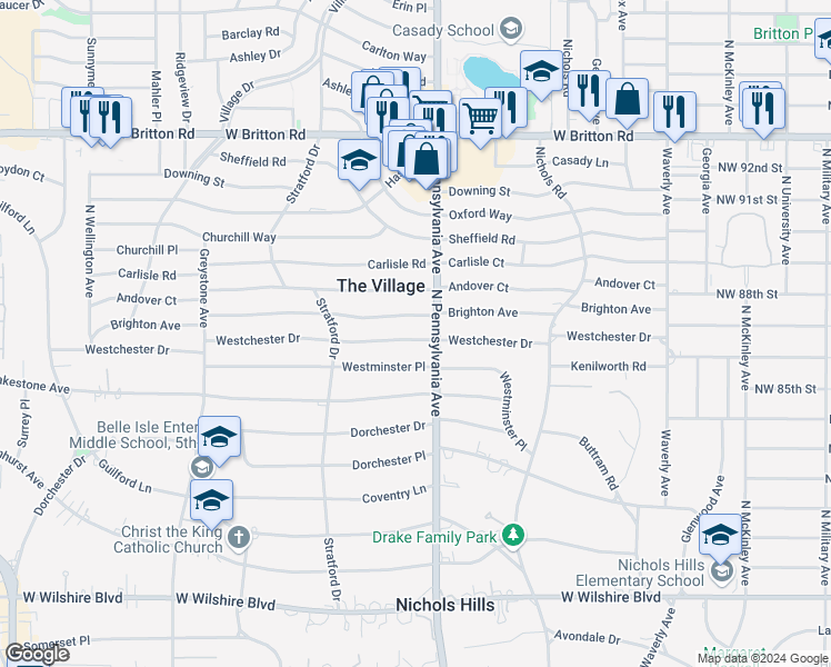 map of restaurants, bars, coffee shops, grocery stores, and more near 1707 Westchester Drive in The Village