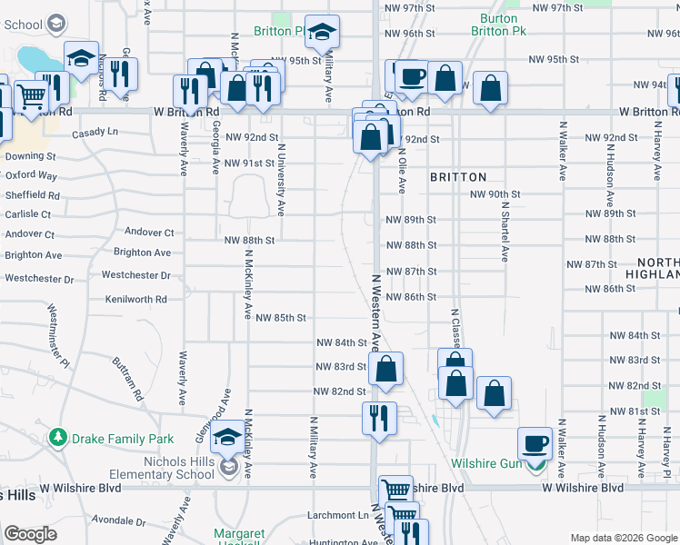 map of restaurants, bars, coffee shops, grocery stores, and more near 919 Kenilworth Road in Oklahoma City