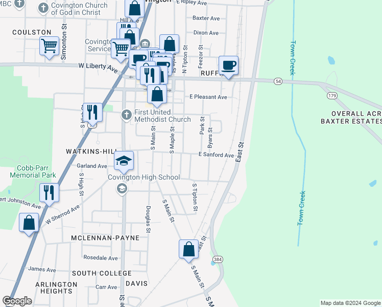 map of restaurants, bars, coffee shops, grocery stores, and more near 307 East Sanford Avenue in Covington