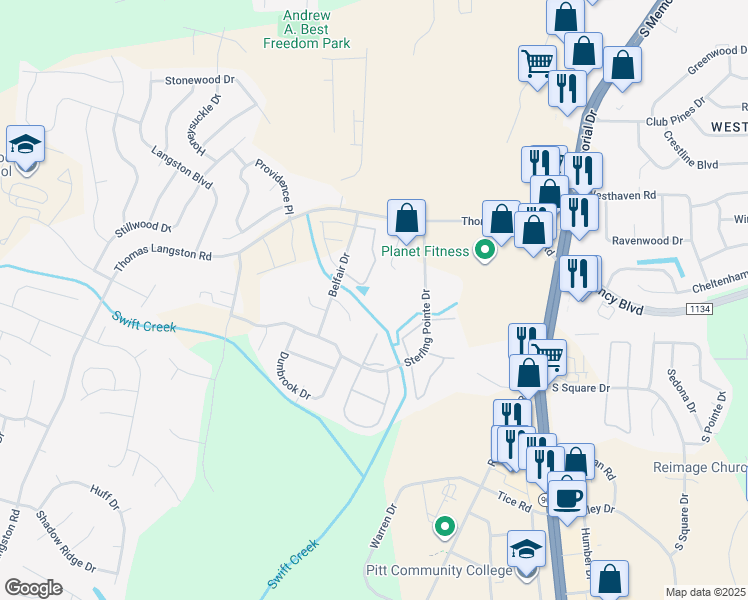 map of restaurants, bars, coffee shops, grocery stores, and more near 3814 Sterling Pointe Drive in Winterville