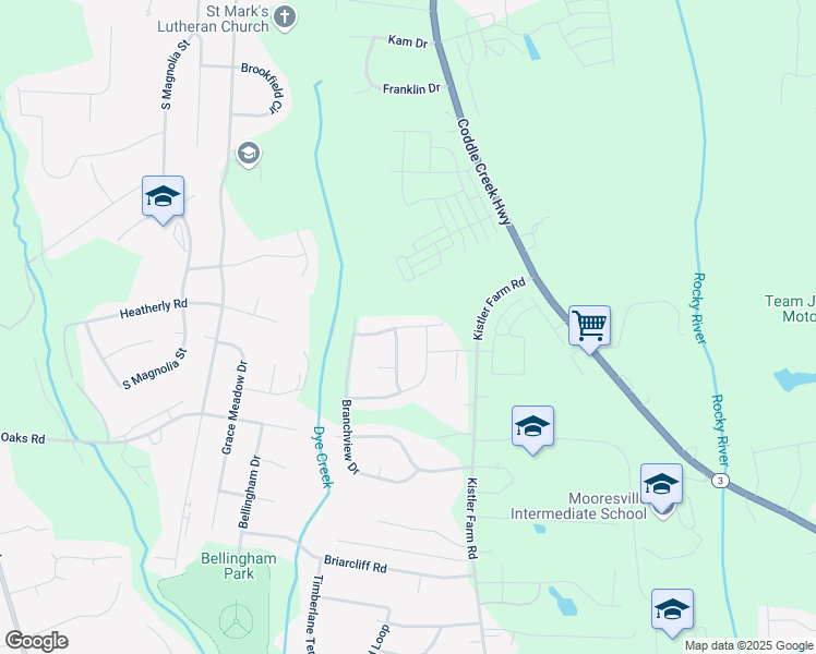 map of restaurants, bars, coffee shops, grocery stores, and more near 150 Willowbrook Drive in Mooresville