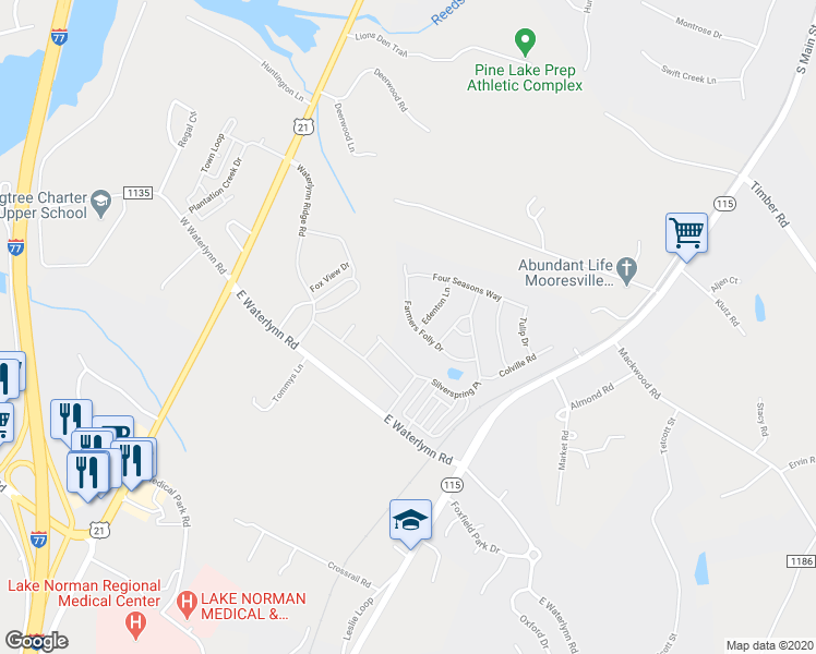 map of restaurants, bars, coffee shops, grocery stores, and more near 135 Farmers Folly Drive in Mooresville