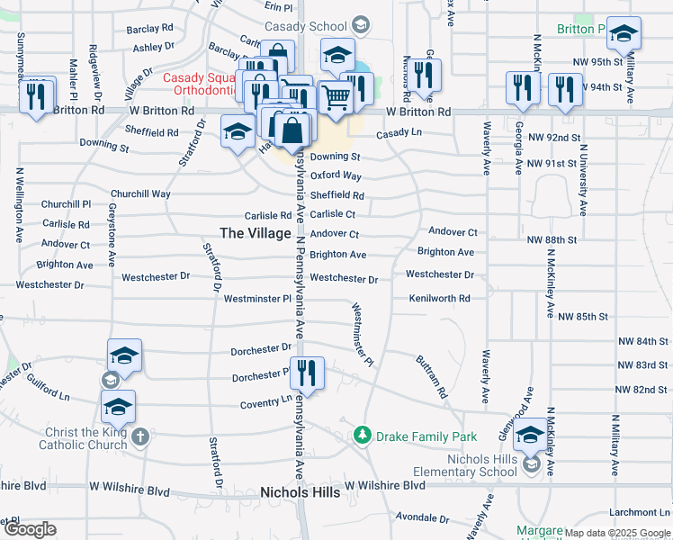 map of restaurants, bars, coffee shops, grocery stores, and more near 1608 Westchester Drive in Oklahoma City