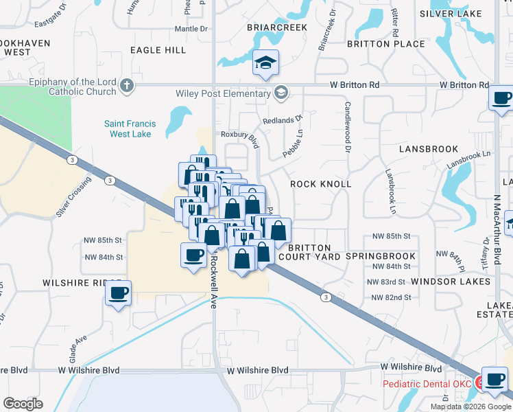 map of restaurants, bars, coffee shops, grocery stores, and more near 6951 Northwest Expressway Street in Oklahoma City