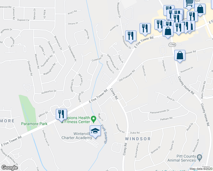 map of restaurants, bars, coffee shops, grocery stores, and more near 1201 East Fire Tower Road in Winterville