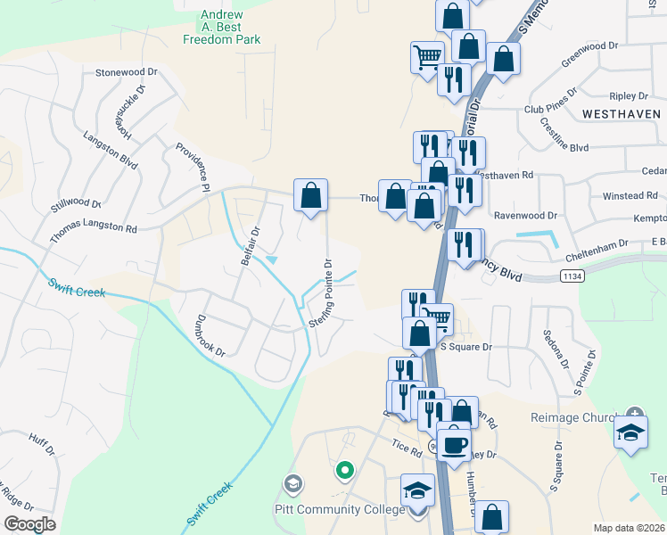 map of restaurants, bars, coffee shops, grocery stores, and more near 3811 Sterling Pointe Drive in Winterville
