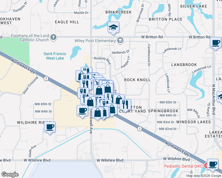 map of restaurants, bars, coffee shops, grocery stores, and more near 8709 Rolling Green Avenue in Oklahoma City