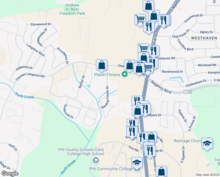 map of restaurants, bars, coffee shops, grocery stores, and more near 3811 Sterling Pointe Drive in Winterville
