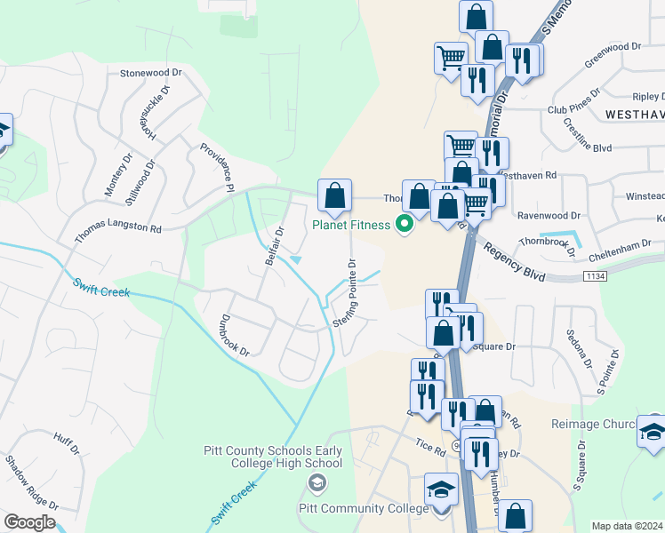map of restaurants, bars, coffee shops, grocery stores, and more near 3822 Sterling Pointe Drive in Winterville