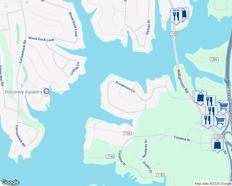map of restaurants, bars, coffee shops, grocery stores, and more near Continental Drive in Mooresville