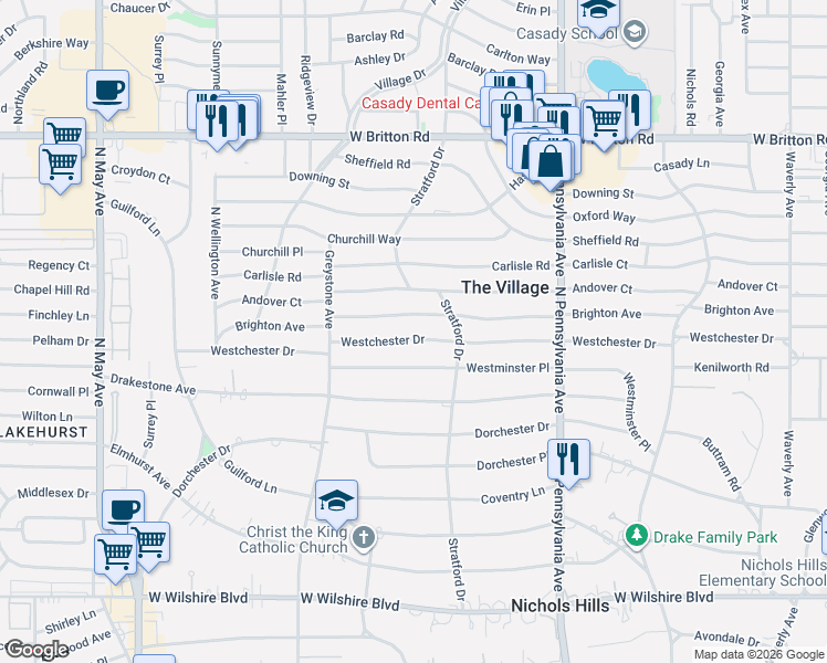 map of restaurants, bars, coffee shops, grocery stores, and more near 1908 Westchester Drive in The Village