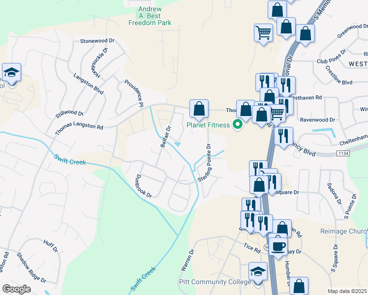 map of restaurants, bars, coffee shops, grocery stores, and more near 3812 Sterling Pointe Drive in Winterville