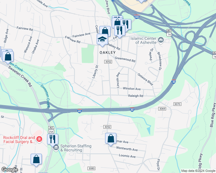 map of restaurants, bars, coffee shops, grocery stores, and more near 151 School Road East in Asheville