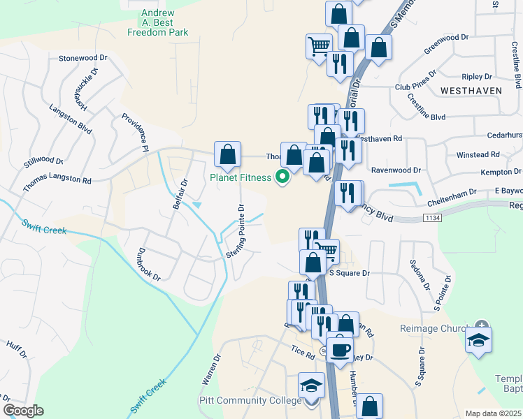 map of restaurants, bars, coffee shops, grocery stores, and more near 3809 Sterling Pointe Drive in Winterville
