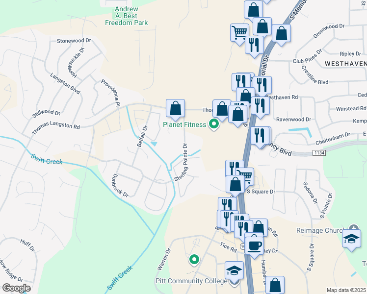map of restaurants, bars, coffee shops, grocery stores, and more near 3822 Sterling Pointe Drive in Winterville