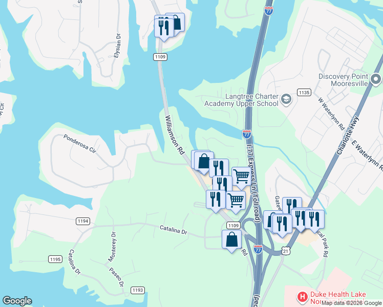 map of restaurants, bars, coffee shops, grocery stores, and more near 108 Pier 33 Drive in Mooresville