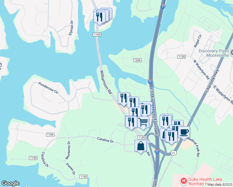 map of restaurants, bars, coffee shops, grocery stores, and more near 108 Pier 33 Drive in Mooresville