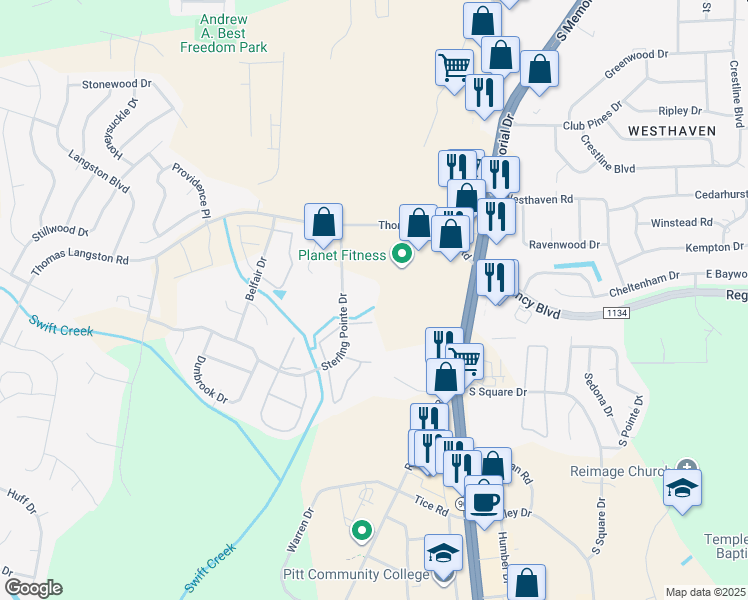 map of restaurants, bars, coffee shops, grocery stores, and more near 3811 Sterling Pointe Drive in Winterville