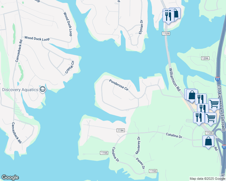 map of restaurants, bars, coffee shops, grocery stores, and more near Continental Drive in Mooresville